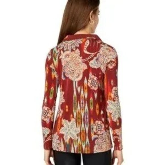 Johnny Was Feather Swing Polo Top Boho V-Neck XS Long Sleeve Fall Lightweight - Picture 2 of 14